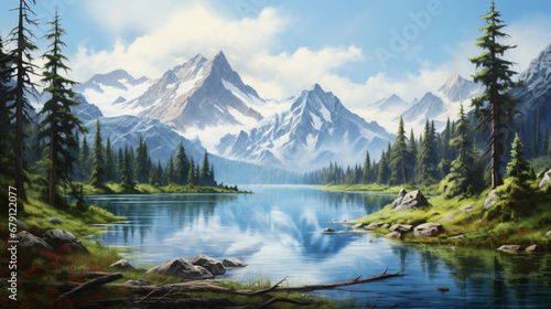 A beautiful painting depicting a serene mountain lake
