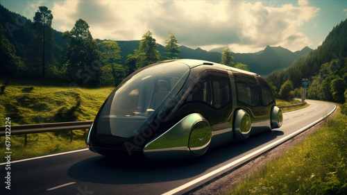Modern electric car on the road in the mountains. 3d rendering © Alex