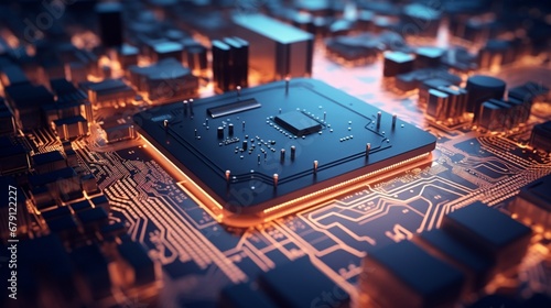 Intricate microchip architecture on a circuit board.