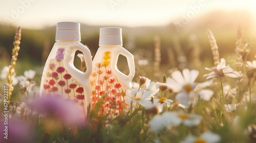 Ecofriendly, biodegradable laundry detergent in a recyclable bottle, perfect for washing clothes with a fresh, clean scent while being gentle on the environment. photo