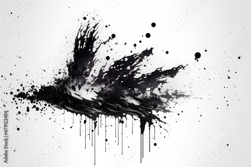 Ink splash. Dirt splatter. Grunge artwork. Black paint spill drop drip blotch mess on white paper art illustration abstract background.