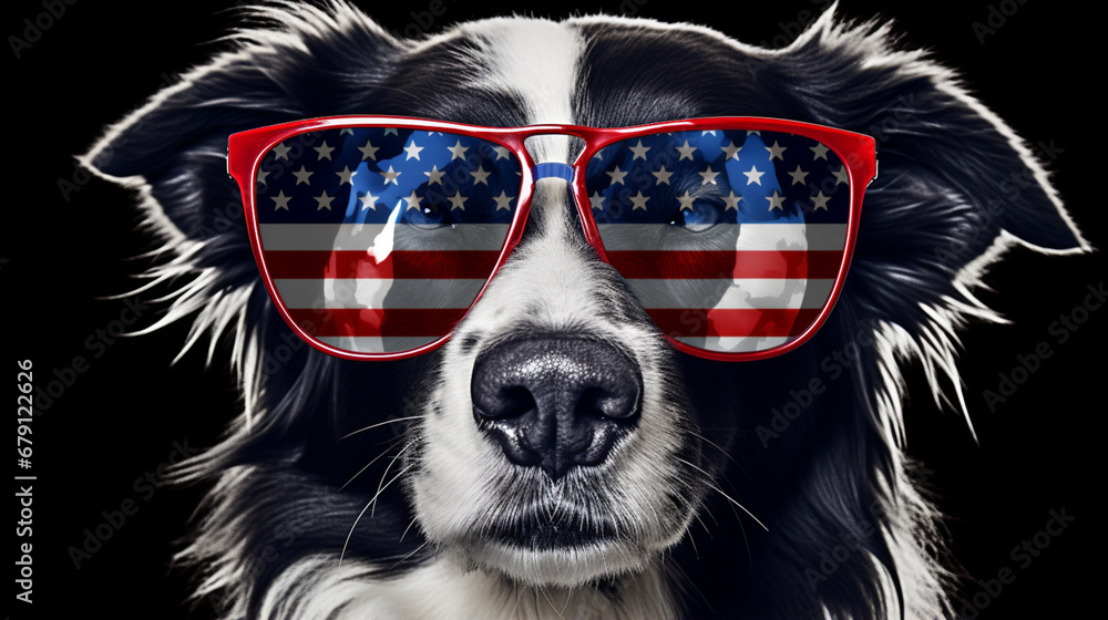 Beautiful border collie in front of a USA flag with sunglasses. generative ai Beautiful border collie in front of a USA flag with sunglasses. generative ai