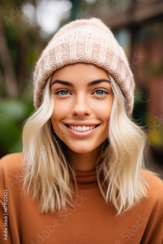 Beautiful woman smiling in warm knitted beanie.