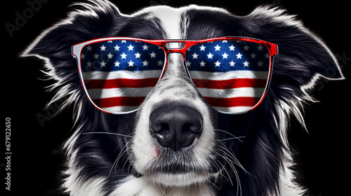 Beautiful border collie in front of a USA flag with sunglasses. generative ai © We3 Animal