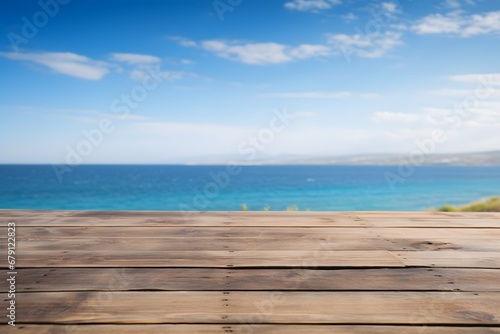 close up of a wooden table with ocean sea view in background © DailyLifeImages