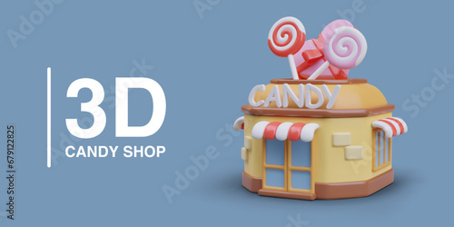 3d realistic candy shop on blue background and place for text. Order of tasty products online. Concept of candies and sweets. Vector illustration in 3d style