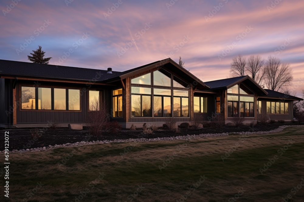 extreme long shot of a single-story house, ribbon windows show prairie extreme long shot of a single-story house, ribbon windows show prairie