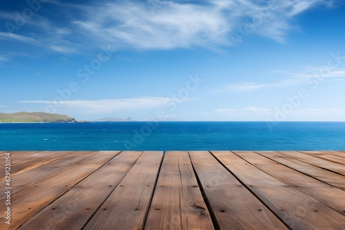 close up of a wooden table with ocean sea view in background © DailyLifeImages