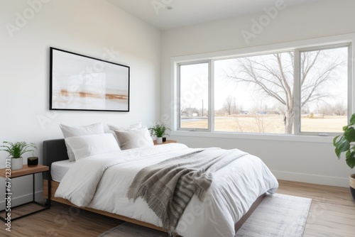 a minimalist bedroom interior with a clear prairie view via ribbon windows © altitudevisual