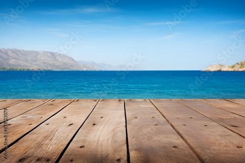 close up of a wooden table with ocean sea view in background