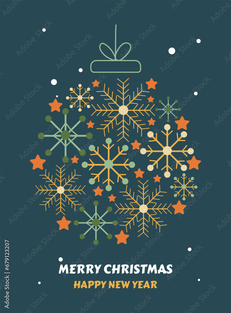 Postcard with text happy new year and merry christmas with xmas decorations and typography design. - obrazy, fototapety, plakaty 