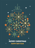 Postcard with text happy new year and merry christmas with xmas decorations and typography design.