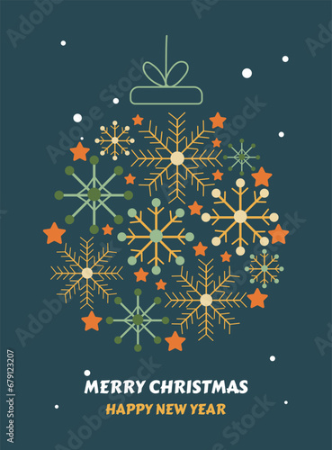 Postcard with text happy new year and merry christmas with xmas decorations and typography design.