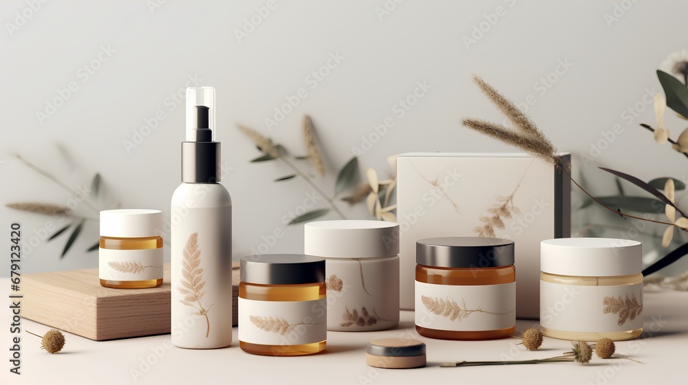 Highresolution product packaging mockups for a natural cosmetics line, featuring ecofriendly materials and minimalist design, perfect for branding presentations. - obrazy, fototapety, plakaty 
