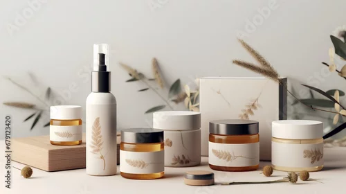 Obraz Highresolution product packaging mockups for a natural cosmetics line, featuring ecofriendly materials and minimalist design, perfect for branding presentations.