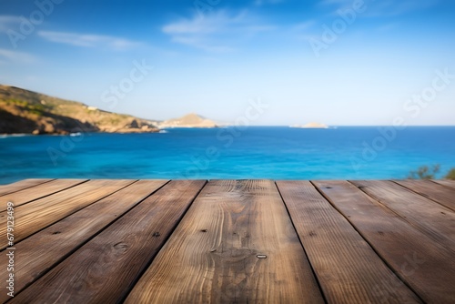 close up of a wooden table with ocean sea view in background