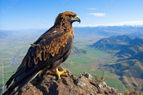 a golden eagle on a mountain top observing the valley below