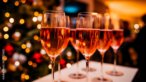 Row of sparkling wine glasses with a Christmas tree backdrop, festive celebration. 