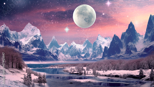 Snowy Landscape with Mountains. Full Moon Landscape. Winter Wonderland Nightscene. Flat Art Landcape. Generative AI.  photo