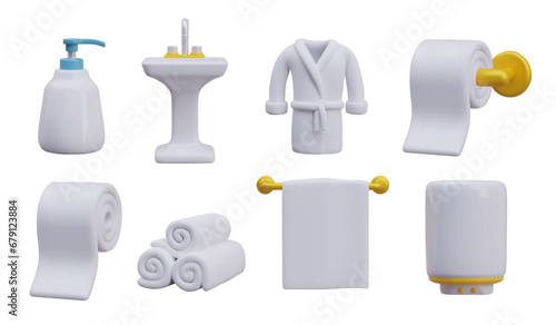 3d home concept. Elements for bathroom, bathrobe, towels, toilet paper, towel rolls. Washstand for water procedures. Boiler for water heating. Vector illustration in 3d style