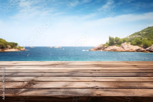 close up of a wooden table with ocean sea view in background