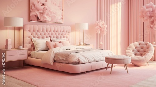 Pink bedroom with delicate decor. Room with furniture  bed  nightstand  carpet and large bright windows