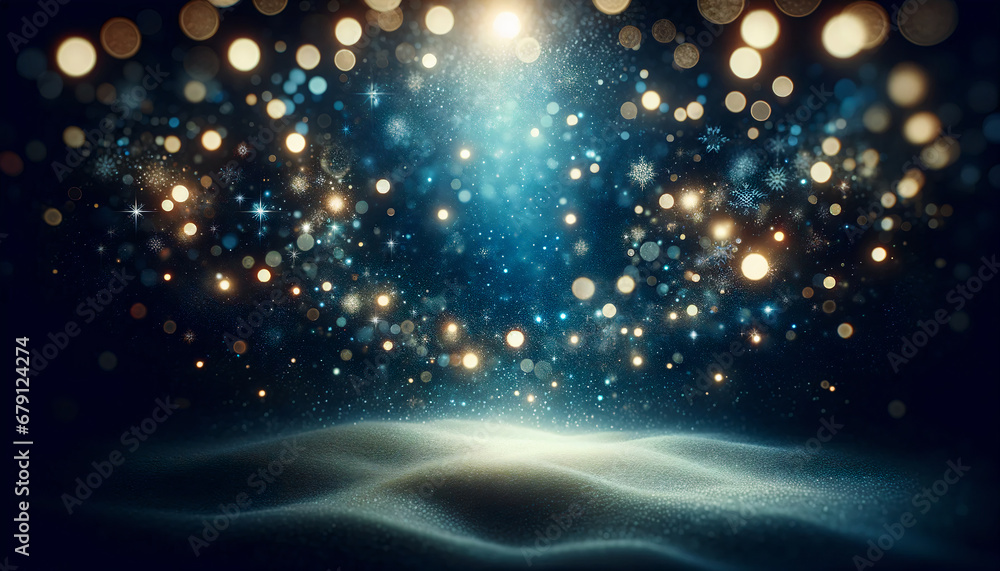 Fototapeta premium Coupon or Banner with copy space for Christmas or New Year greeting with shimmering and bright golden sparkling elements and snowflakes stars magical atmosphere bokeh on blue background