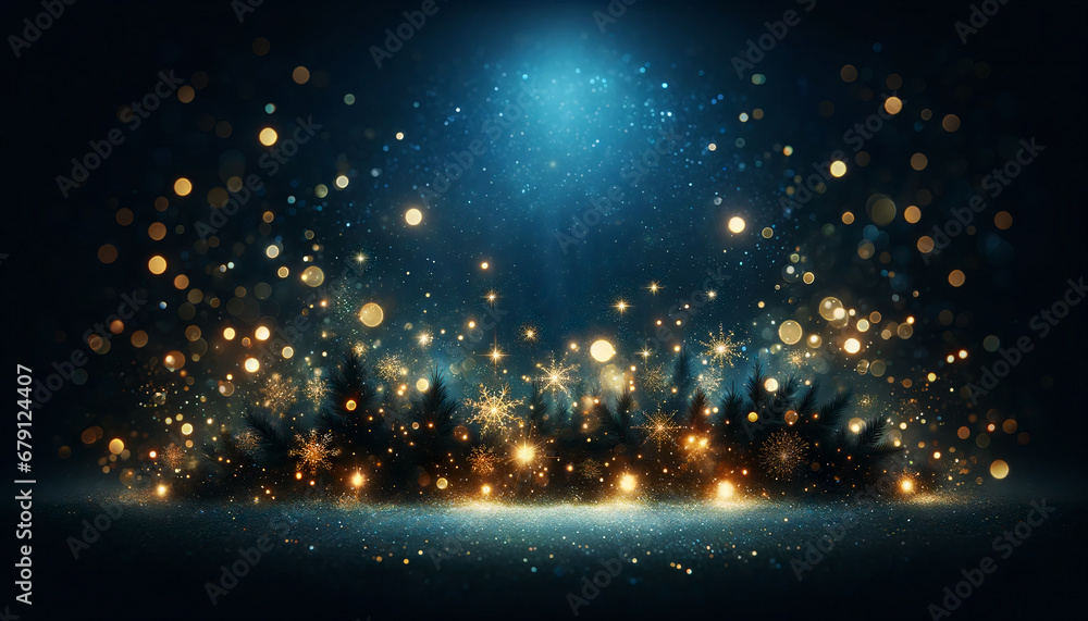 Template banner coupon with copy space for Christmas or New Year greeting with bright and shimmering golden sparkling elements magical atmosphere bokeh and bling on dark blue background - obrazy, fototapety, plakaty 
