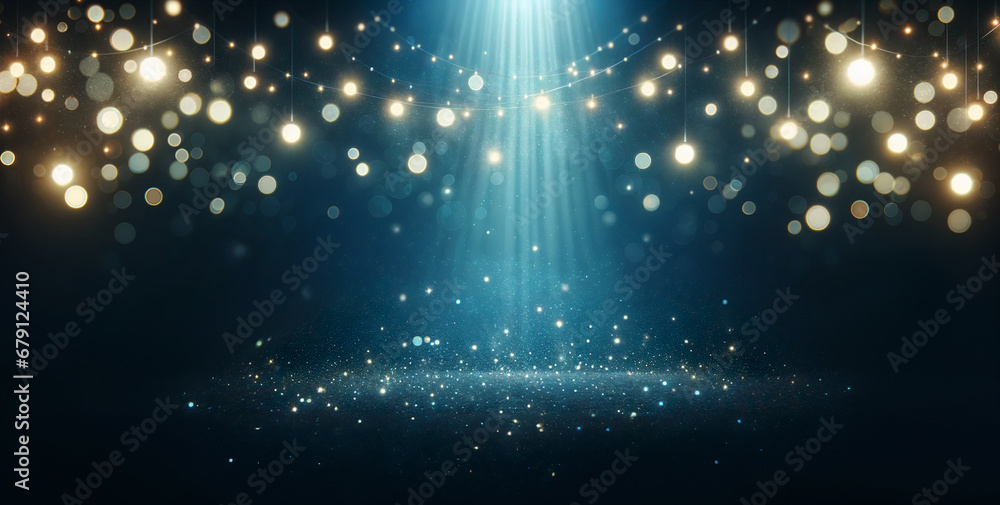 Web Banner coupon with copy space for Christmas or New Year greeting with bright and shimmering golden sparkling elements and magical atmosphere bokeh and bling on dark blue background - obrazy, fototapety, plakaty 