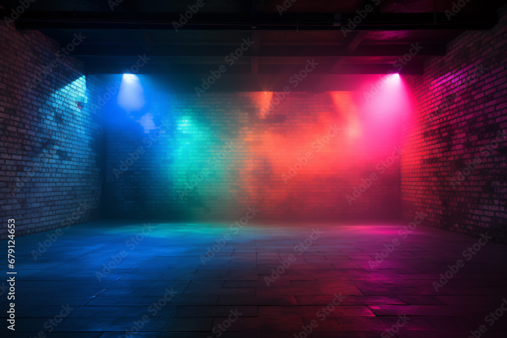 Empty Room with Brick Walls, Concrete Floor, Neon Lights, Spotlight, Smoke Background