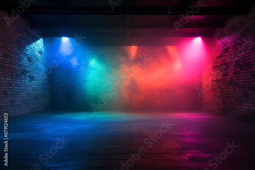 Empty Room with Brick Walls, Concrete Floor, Neon Lights, Spotlight, Smoke Background © Burin