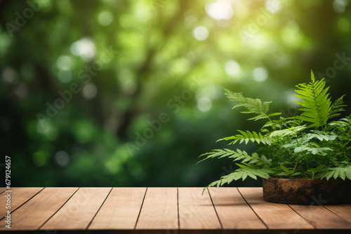 Empty Wooden Tabletop Podium in Garden Open Forest with Blurred Green Plants Background for Organic Product Presentation