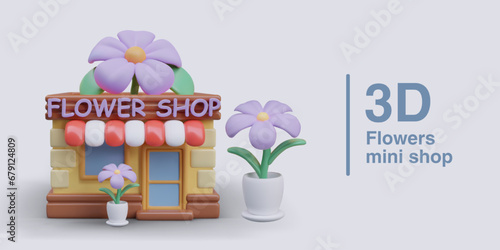 Flower mini shop, kiosk. Small business advertising. Vector building, flower in pot. Plants for bouquets and decoration. Horizontal layout for social networks