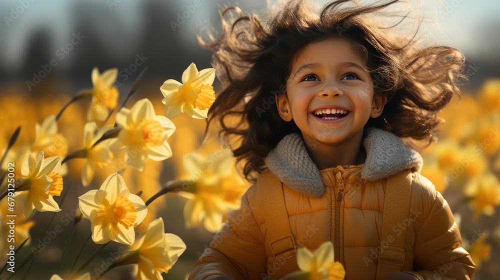 Toddler Girl Playing Daffodil Flower Field, HD, Background Wallpaper, Desktop Wallpaper