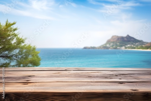 close up of a wooden table with ocean sea view in background