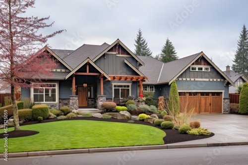 front exterior of a craftsman styled home with wood and stone elements
