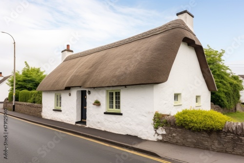 white stone cottage, thatched roof with neat window frames
