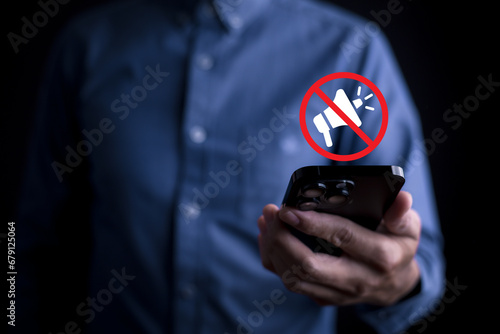 Silent mode concept Signs prohibiting sound, mute notifications on smartphones disturbing others Silent or mute sound icon photo