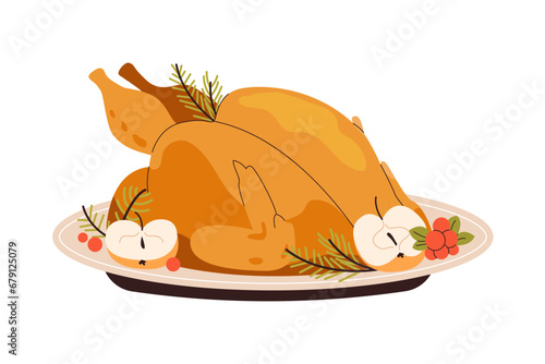 Christmas turkey roasted with apples on a platter. Whole chicken baked for holiday dinner. Traditional Xmas food with festive decoration. Flat vector illustration isolated on white background