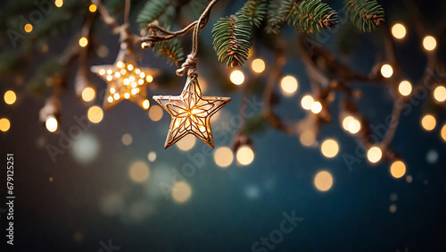 Christmas background with christmas tree branches, stars and bokeh lights