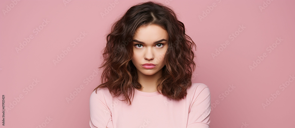 Photo of unhappy young woman bad mood irritated problem raise eyebrow isolated on pink color background. Made with generative ai - obrazy, fototapety, plakaty 