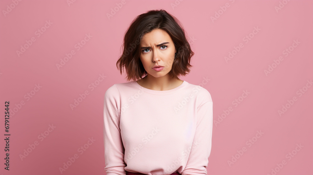 Photo of unhappy young woman bad mood irritated problem raise eyebrow isolated on pink color background. Made with generative ai Photo of unhappy young woman bad mood irritated problem raise eyebrow isolated on pink color background. Made with generative ai