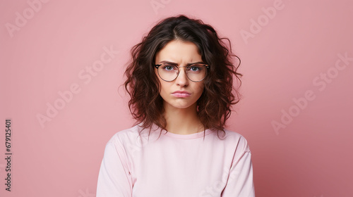 Photo of unhappy young woman bad mood irritated problem raise eyebrow isolated on pink color background. Made with generative ai photo