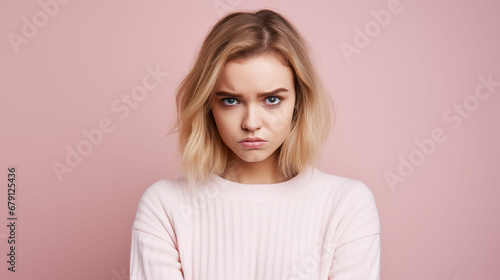 Photo of unhappy young woman bad mood irritated problem raise eyebrow isolated on pink color background. Made with generative ai