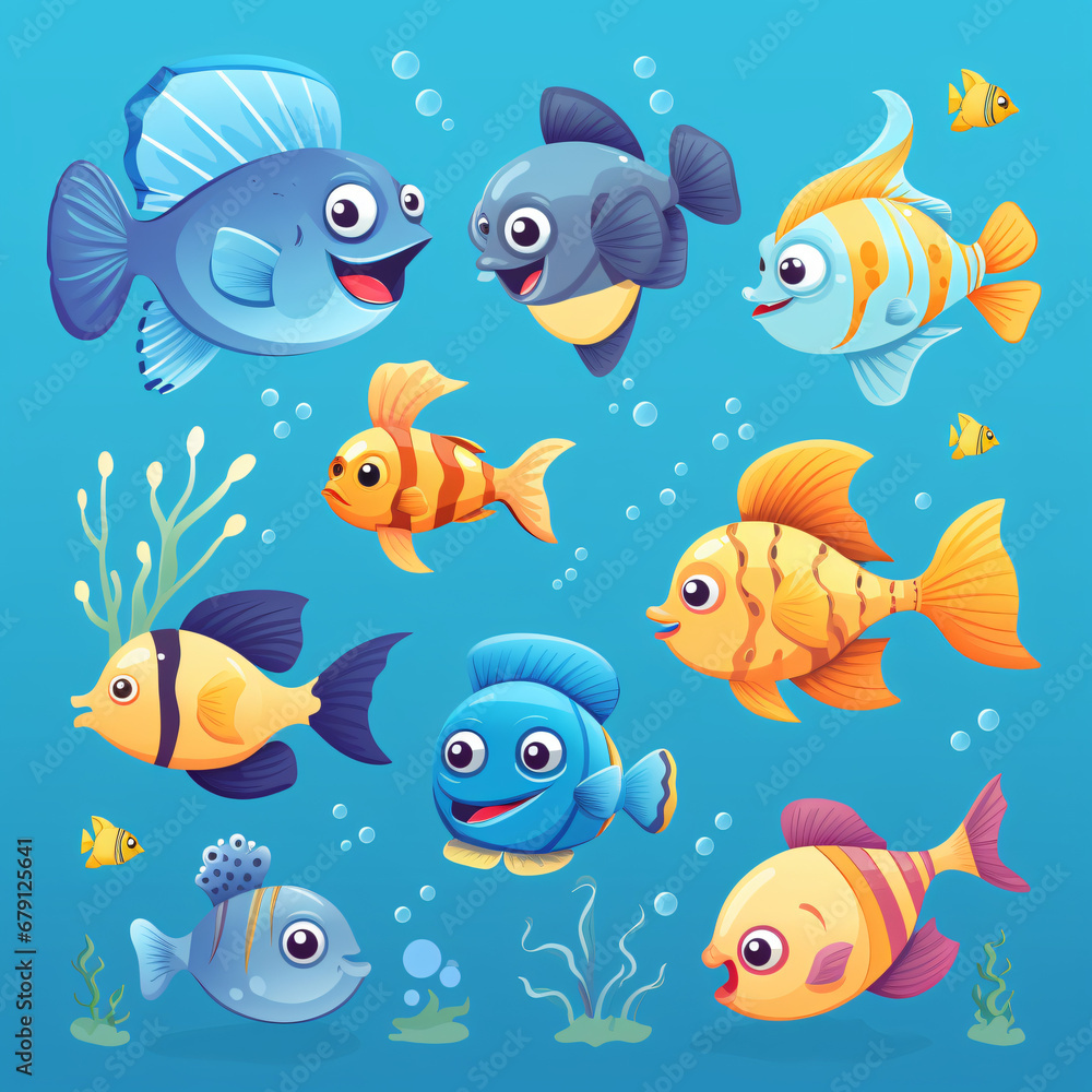 Fish and wild marine animals are isolated on blue background