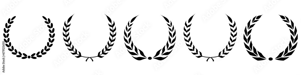 Set black silhouette of round laurel foliage, wheat, depicting an award, an achievement on a white background. Floral greek branch emblem flat style. Vector EPS 10