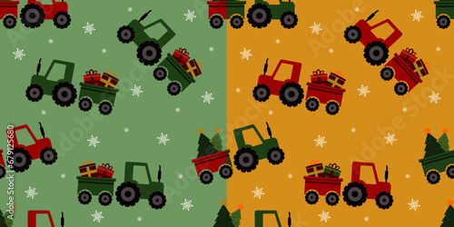 Christmas tractor seamless pattern, farmer truck background