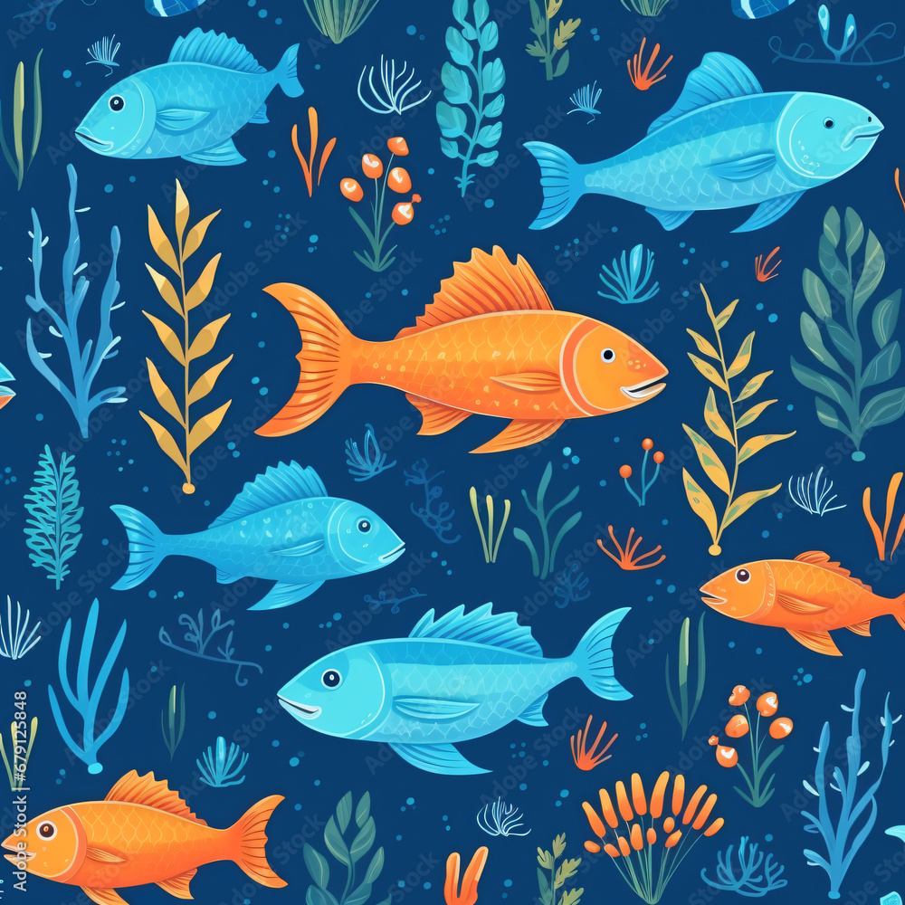 Fish and wild marine animals seamless wallpaper