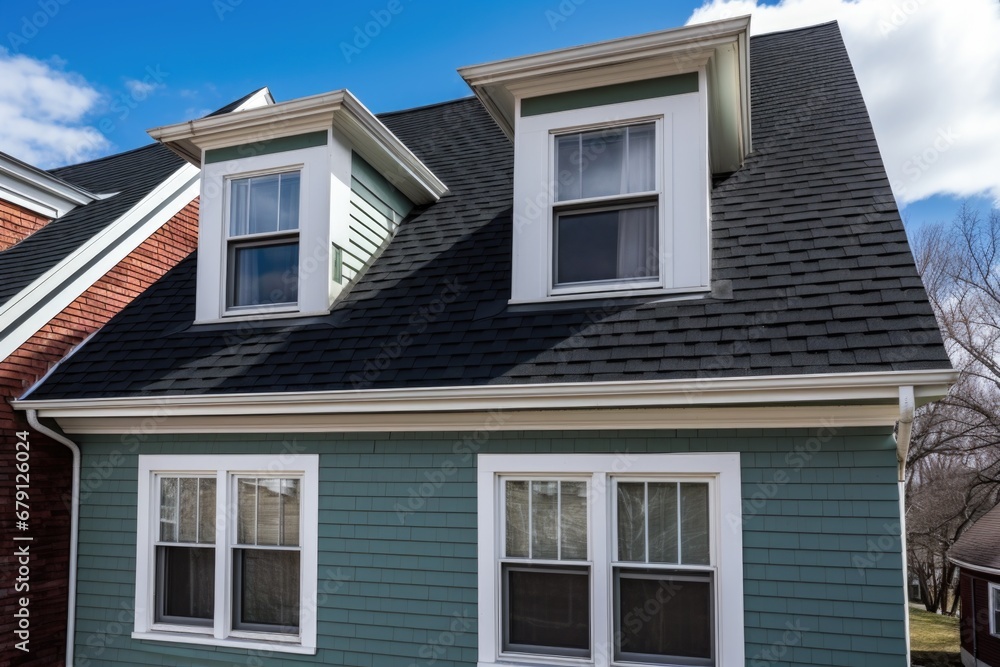 close-up on the dormer windows of a colonial revival house