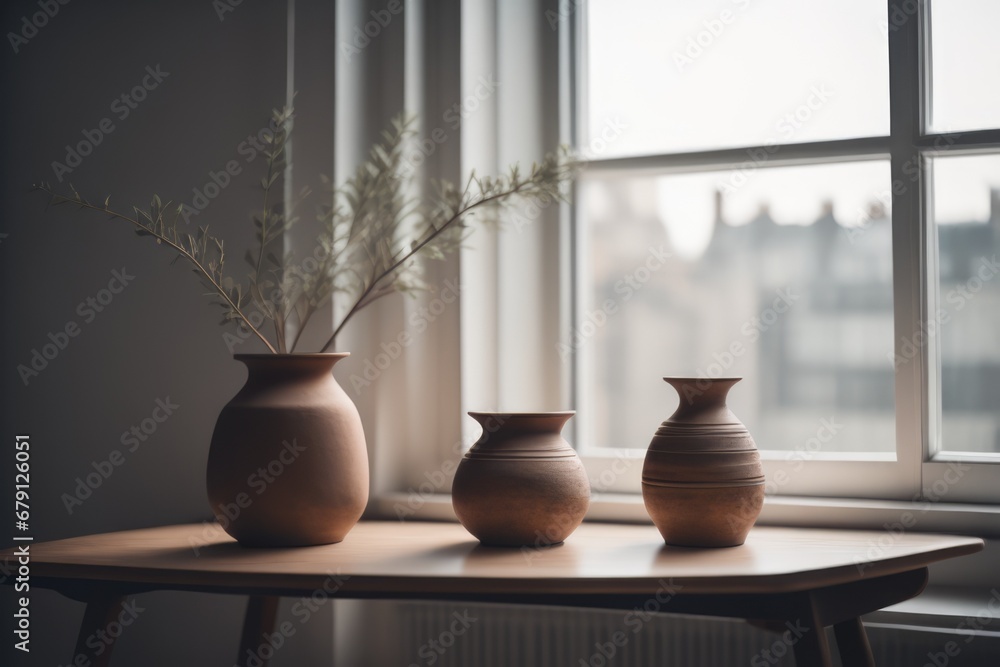 Ceramic ripple vase with pampas grass on table against window. Home decor background with copy space Ceramic ripple vase with pampas grass on table against window. Home decor background with copy space